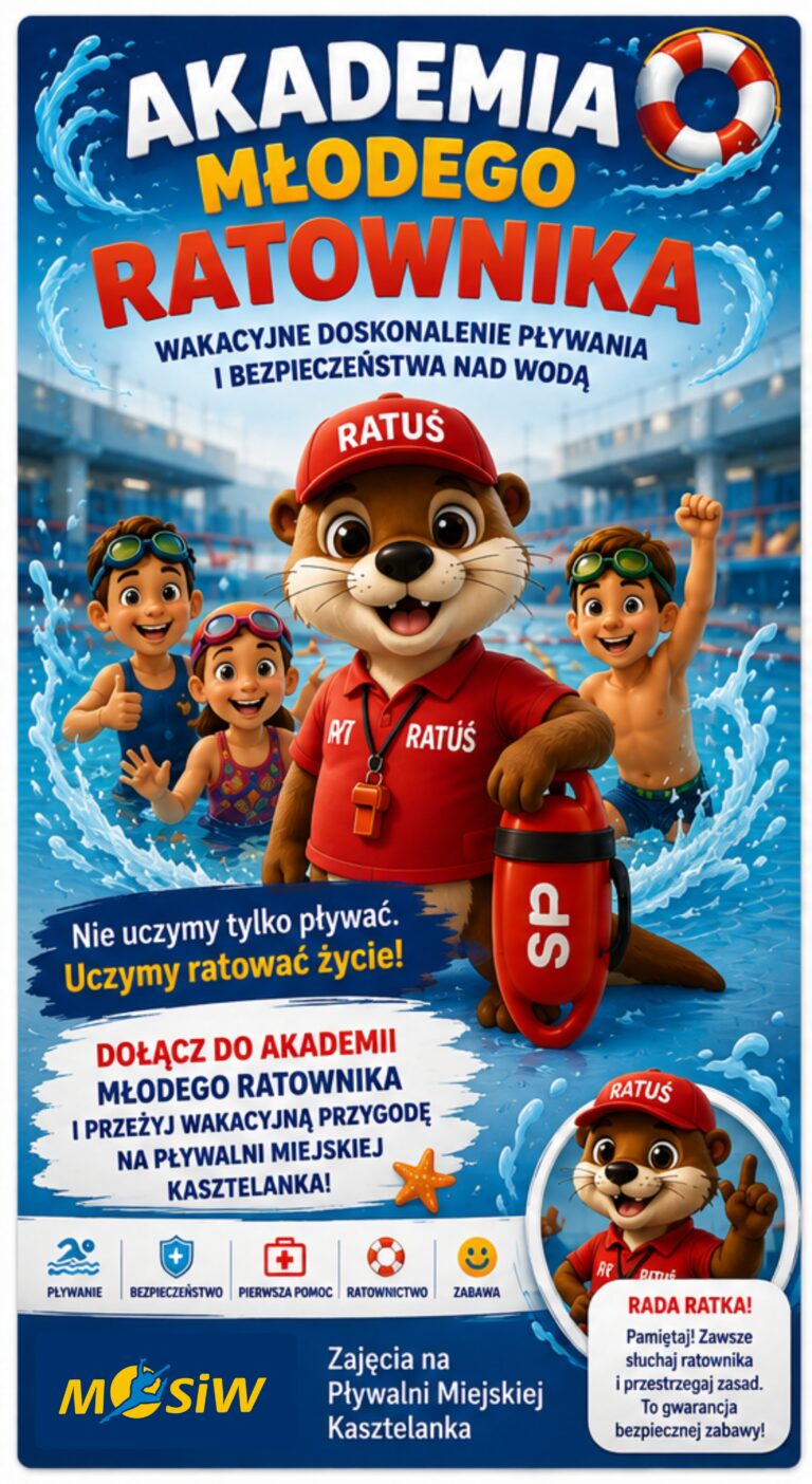 Dzieci podczas zajęć z ratownictwa wodnego na pływalni Kasztelanka, uczące się używania koła ratunkowego