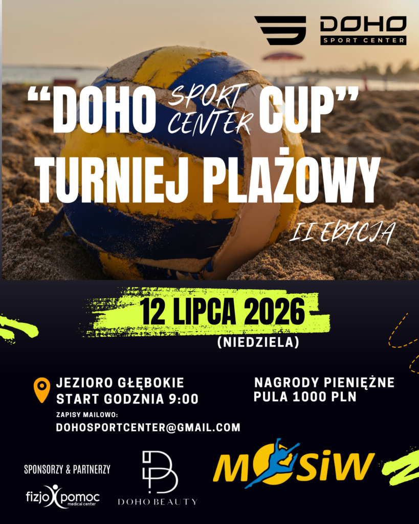 Plakat informacyjny: Turniej siatkówki plażowej organizowany przez Doho Sport Center i Międzyrzecki Ośrodek Sportu i Wypoczynku